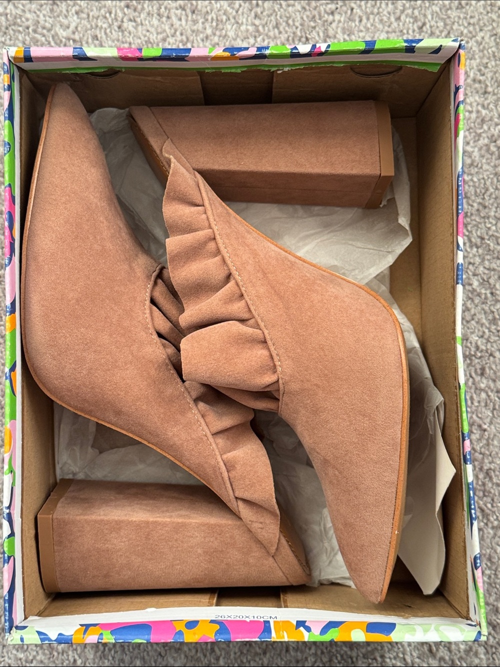 Shoe Republic LA Sueded Ruffle Block Heel Pump in Tan